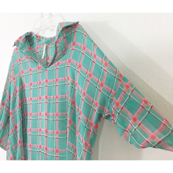 Poema Sheer Plaid High Low Hem Collar V-neck Top - Picture 3 of 8